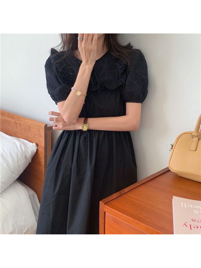 Soft wind cut-out lace dress women's French temperament bubble sleeve waist length black skirt summer 