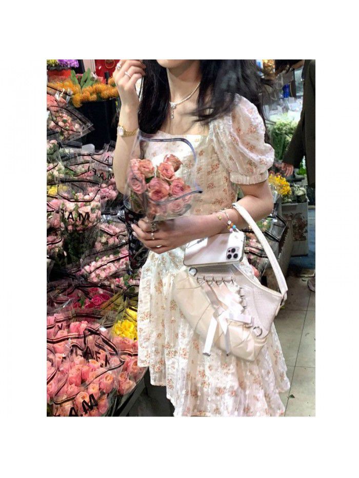  summer girlfriend gentle wind skirt children's summer square neck bubble sleeve short slim Floral Dress 