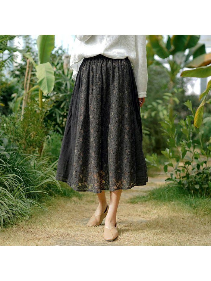 Women's  spring new half skirt women's temperament Retro High Waist show thin mesh hollow A-line umbrella skirt wholesale 