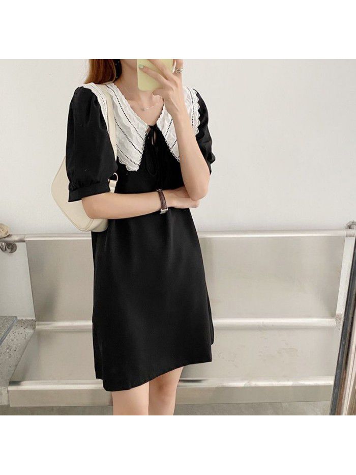 summer new style doll collar bubble sleeve A-line short skirt with retro drawstring loose and slim dress 