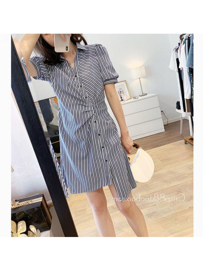 Design Antique side button pleated waist three dimensional bubble sleeve blue and white stripe shirt dress 