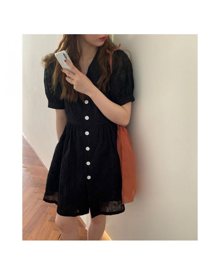  summer new product net red homemade blue V-neck Girl Doll skirt bubble sleeve A-line temperament dress looks thin 