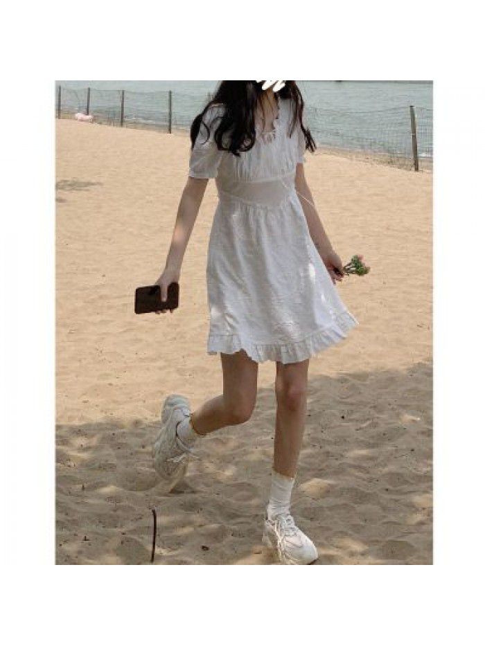 Caige white dress women's summer  new mid long temperament bubble sleeve skirt slim waist first love skirt 