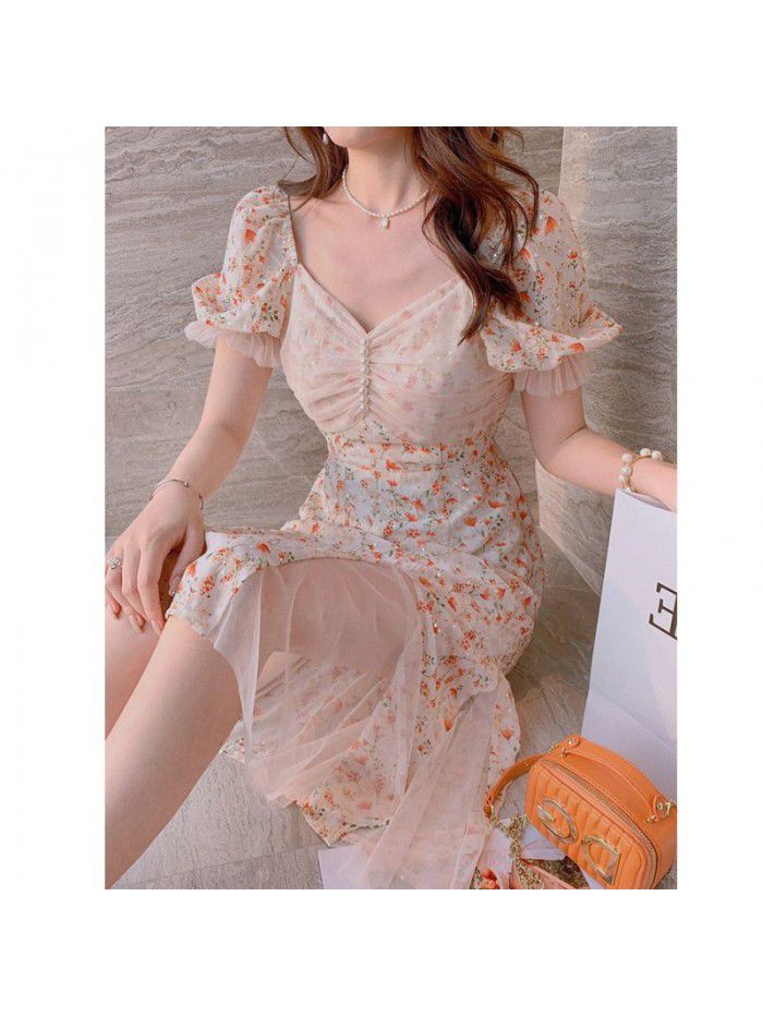 "Monet garden" sweet dress French long  new style floral skirt women's summer net