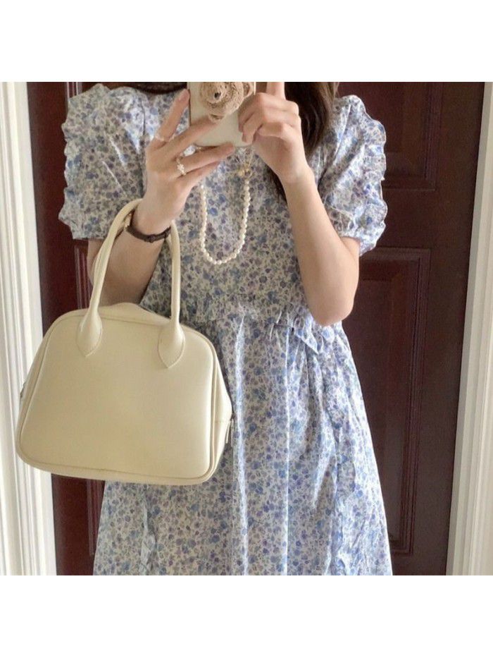 Floral dress women's  spring and summer new gentle temperament French retro bubble sleeve loose slim mid length dress 