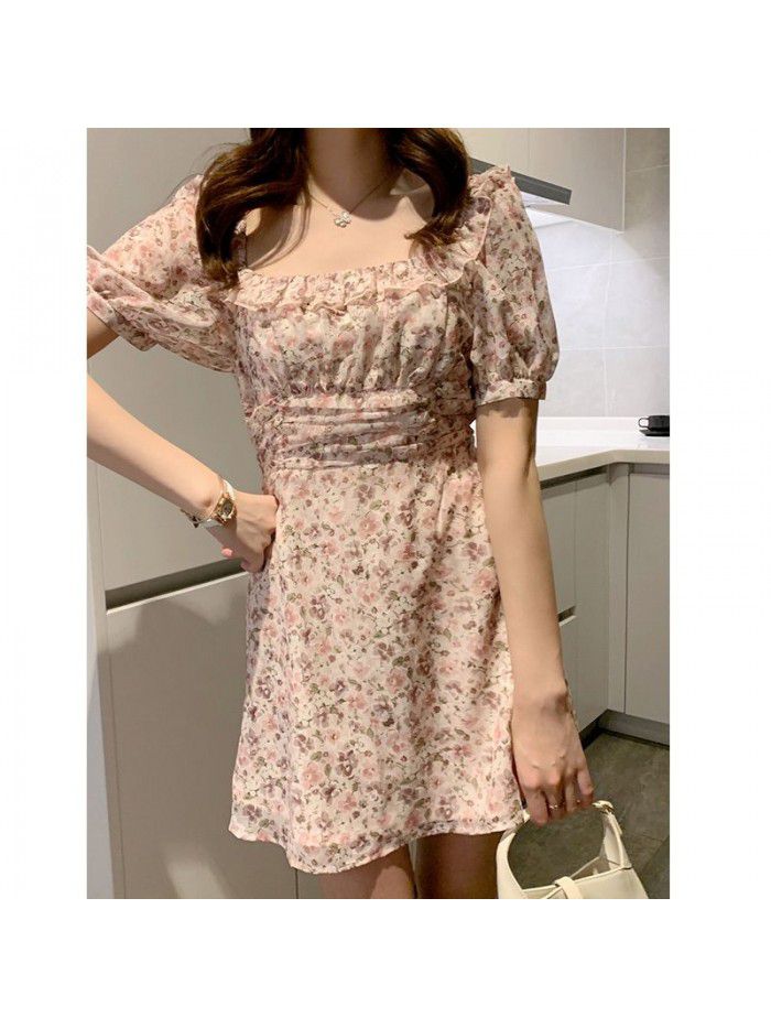 Three dimensional cut flower small retro gentle wind broken flower square collar dress women's waist slim A-line skirt summer 