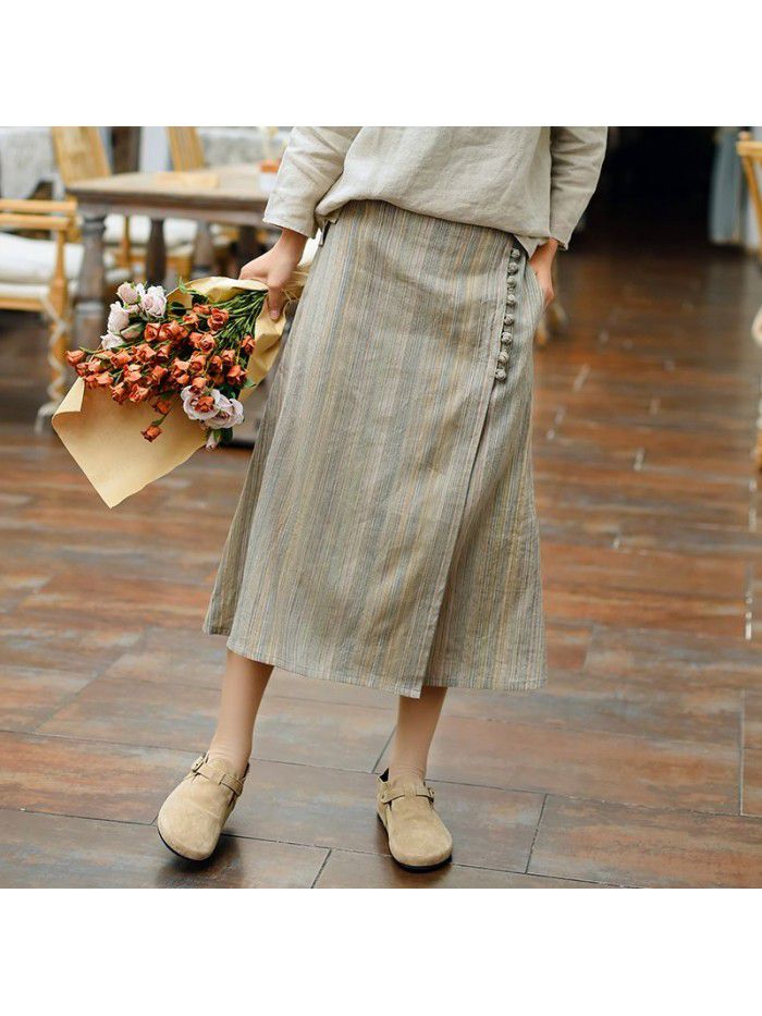  spring new women's striped Linen Skirt mid length retro button Chinese style A-line skirt wholesale 