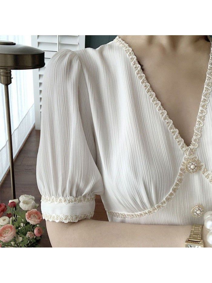 Design sense 21 small fragrance splicing ribbon tea break French dress women's summer short sleeve V-neck waist temperament long skirt 