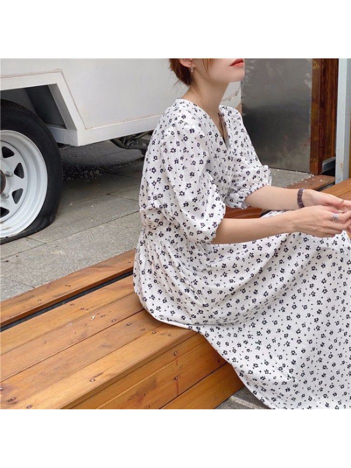 European station  summer new style foreign style long skirt children's over knee age reducing bubble sleeve design and waist closing dress 