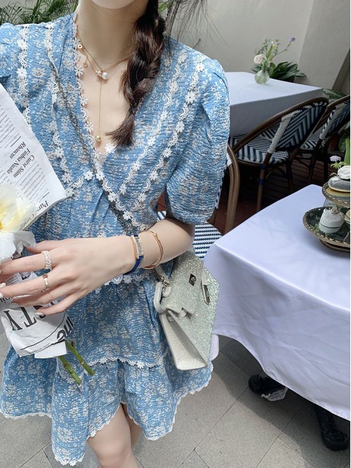 Fish rabbit floral dress summer blue soft sweet fl...