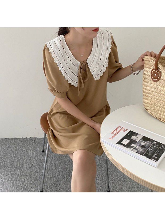 summer new style doll collar bubble sleeve A-line short skirt with retro drawstring loose and slim dress 