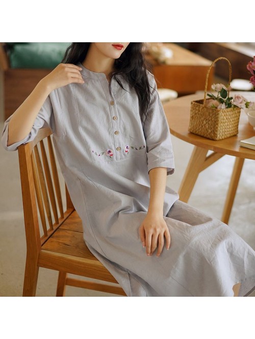 Cotton and hemp women's  new mid sleeve retro...