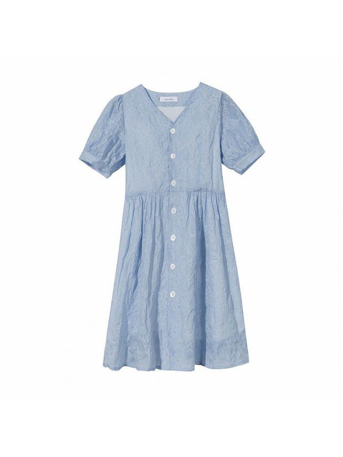  summer new product net red homemade blue V-neck Girl Doll skirt bubble sleeve A-line temperament dress looks thin 
