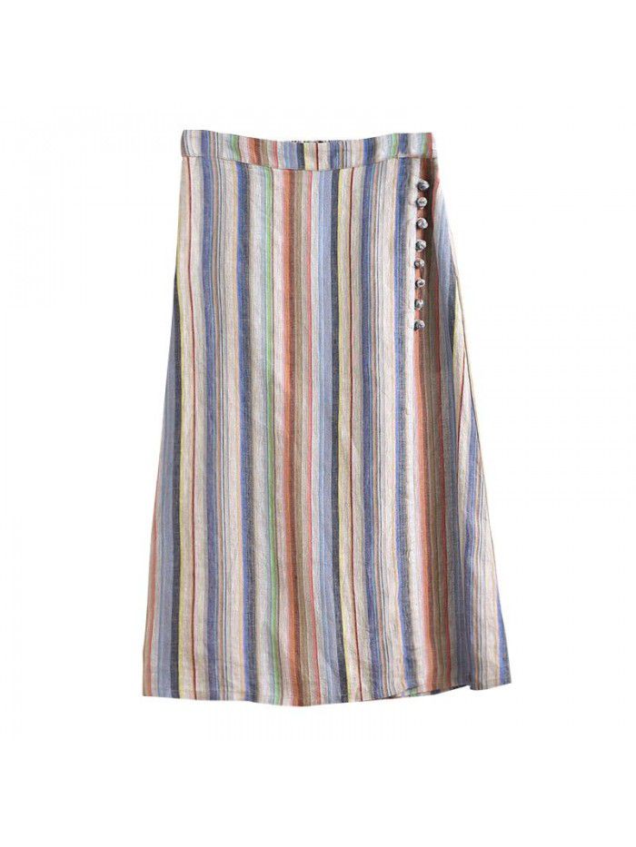  spring new women's striped Linen Skirt mid length retro button Chinese style A-line skirt wholesale 