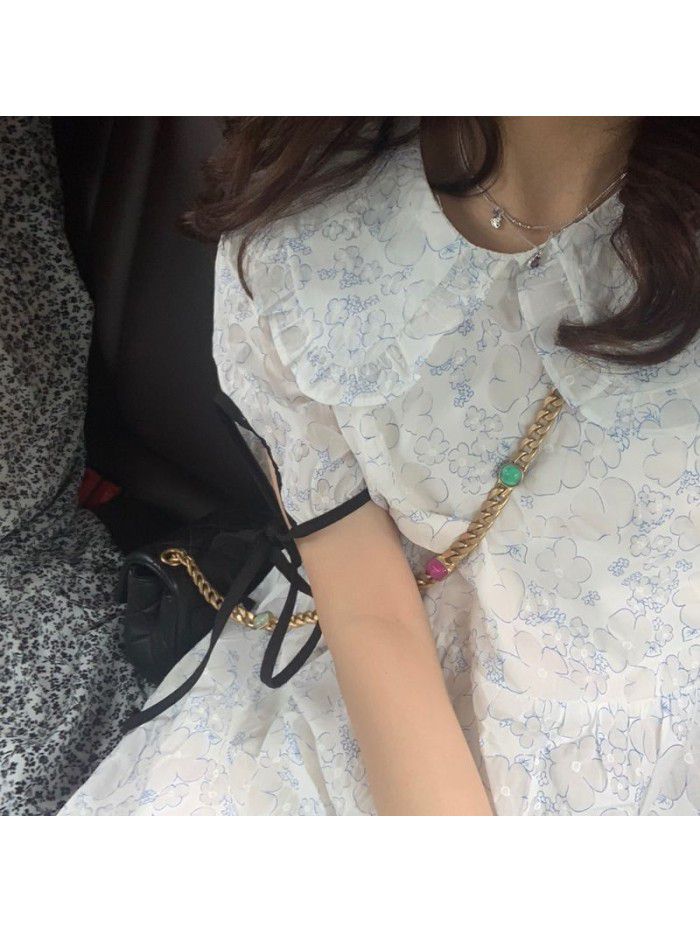 The story of the little blue flower fresh summer dress show thin floral long skirt sweet baby collar hair 