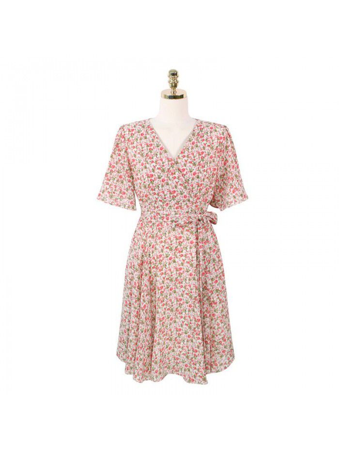 Can be sweet can be salt French sweet first love small waist show thin temperament V-neck small Flower Chiffon dress woman 