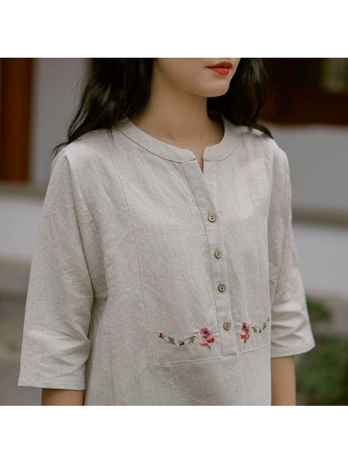 Cotton and hemp women's  new mid sleeve retro dress summer Chinese style embroidery temperament A-line skirt 