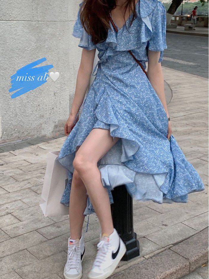  French retro soft floral dress women's summer chiffon long dress design first love dress 