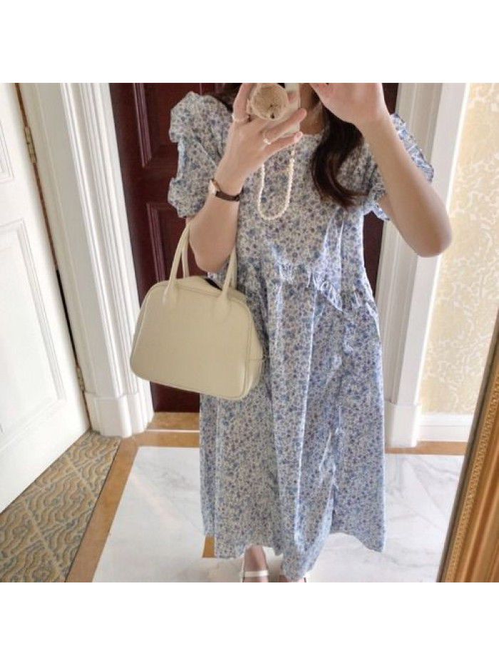 Floral dress women's  spring and summer new gentle temperament French retro bubble sleeve loose slim mid length dress 