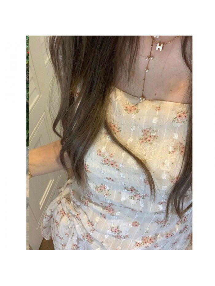  summer girlfriend gentle wind skirt children's summer square neck bubble sleeve short slim Floral Dress 