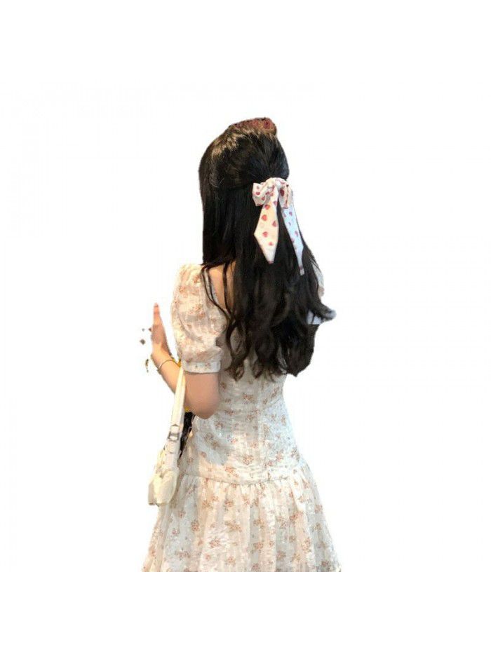  summer girlfriend gentle wind skirt children's summer square neck bubble sleeve short slim Floral Dress 