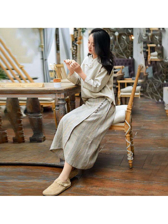  spring new women's striped Linen Skirt mid length retro button Chinese style A-line skirt wholesale 