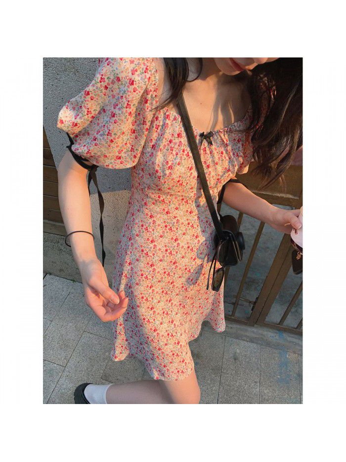 Factory direct sale  summer new product sleeve bandage / Pink Floral Dress Korean version slim Amazon 