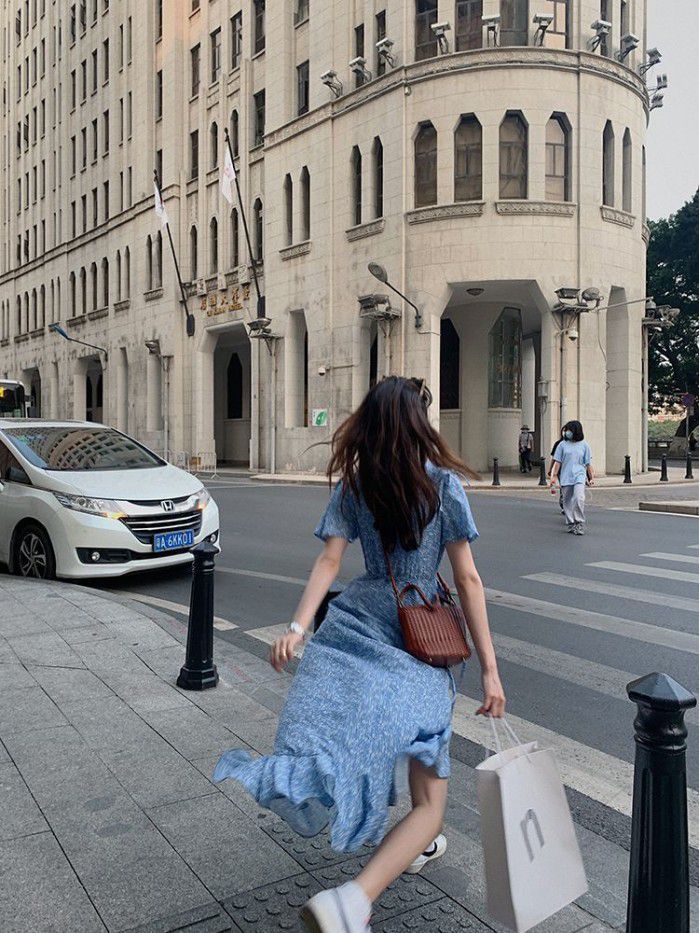  French retro soft floral dress women's summer chiffon long dress design first love dress 