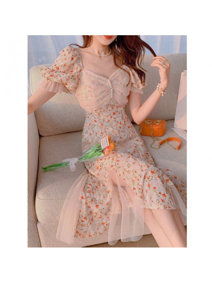 "Monet garden" sweet dress French long  new style floral skirt women's summer net