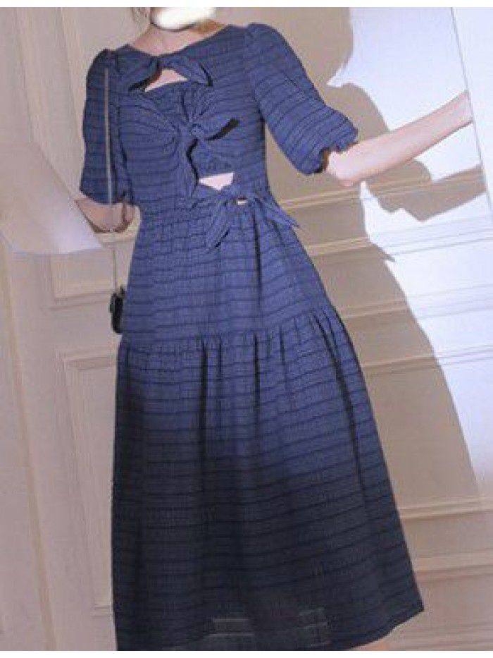 Blue blue, Zurich lake blue  spring and summer new Korean design feeling bow hollow out dress 