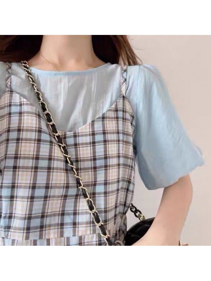  summer new slim waist French bubble sleeve two piece dress sweet girl Plaid suspender skirt 