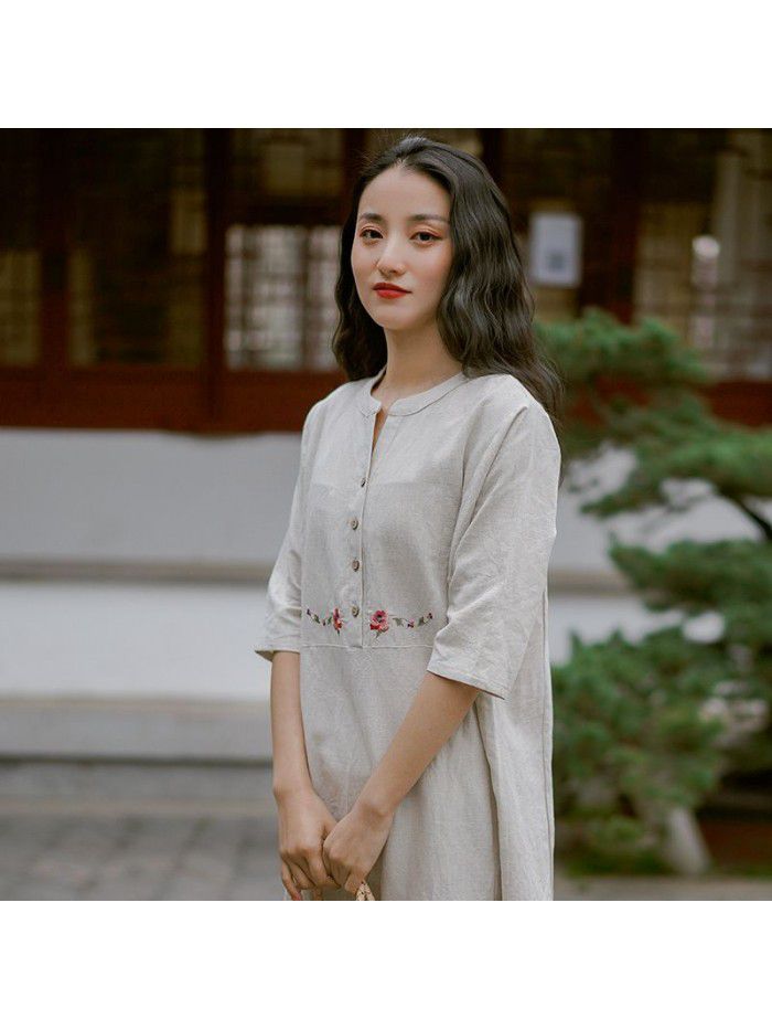 Cotton and hemp women's  new mid sleeve retro dress summer Chinese style embroidery temperament A-line skirt 