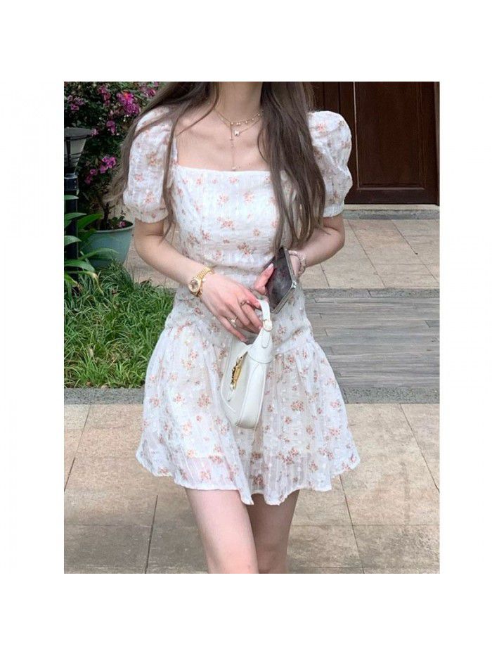  summer girlfriend gentle wind skirt children's summer square neck bubble sleeve short slim Floral Dress 