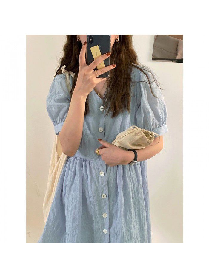  summer new product net red homemade blue V-neck Girl Doll skirt bubble sleeve A-line temperament dress looks thin 