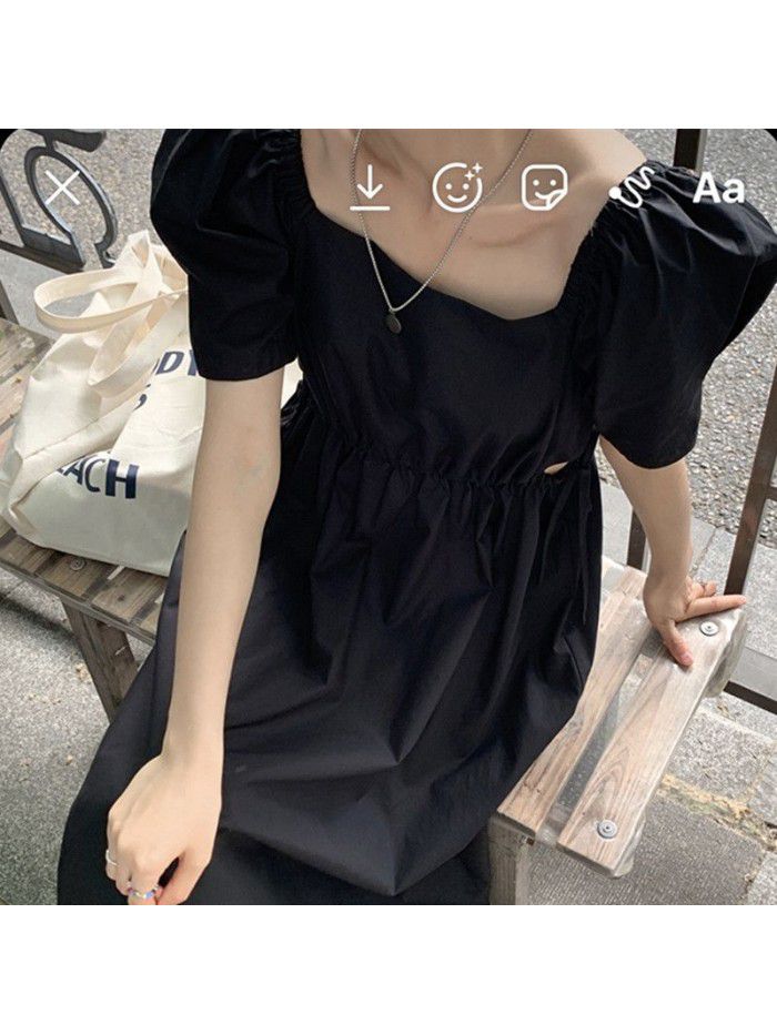 Tweed bubble sleeve dress women's  new summer French retro Hepburn design small black skirt 