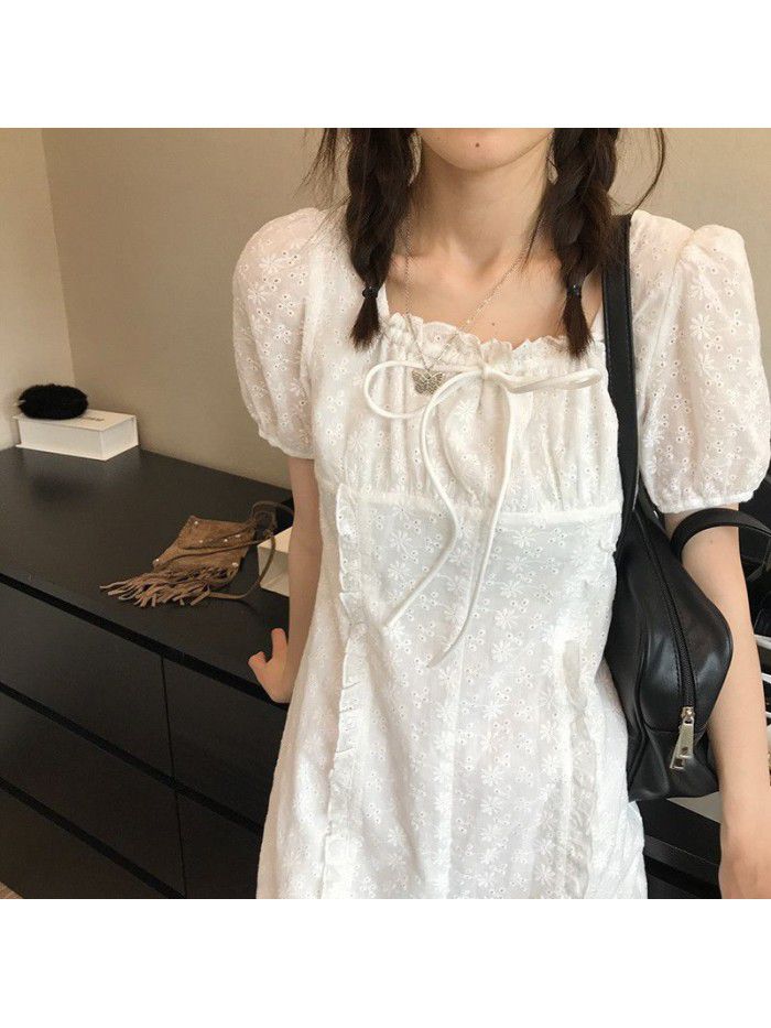  cut out flower dress Korean design sense square neck tie high waist A-line skirt for women 