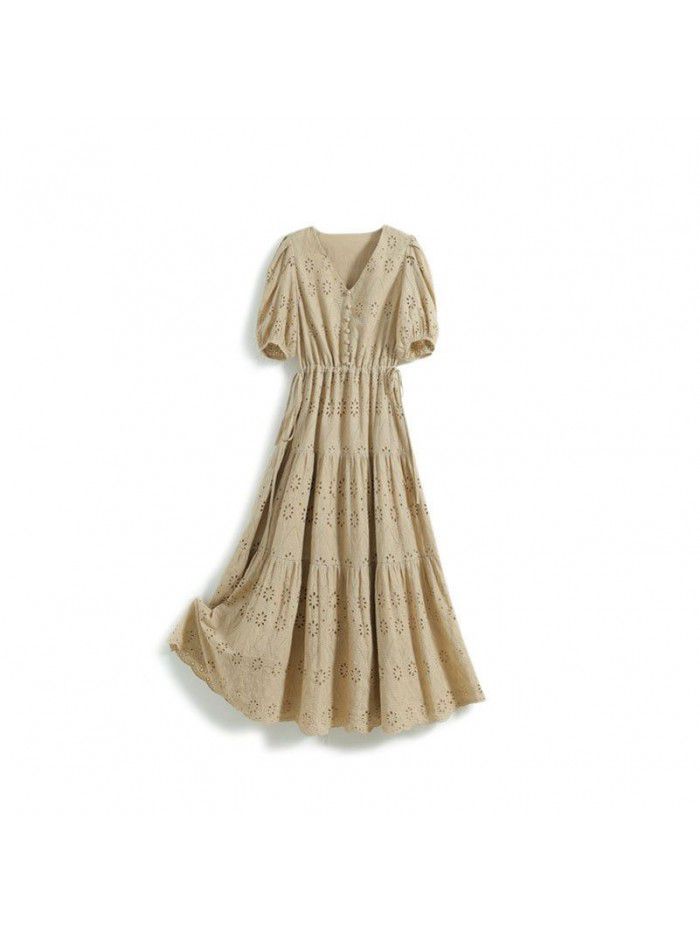 Daxi homemade retro V-neck short sleeve mid length embroidered dress for women  [sun skirt] 