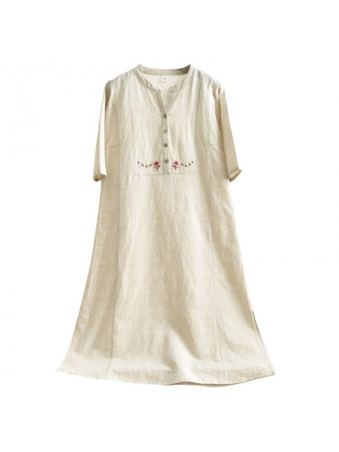 Cotton and hemp women's  new mid sleeve retro dress summer Chinese style embroidery temperament A-line skirt 