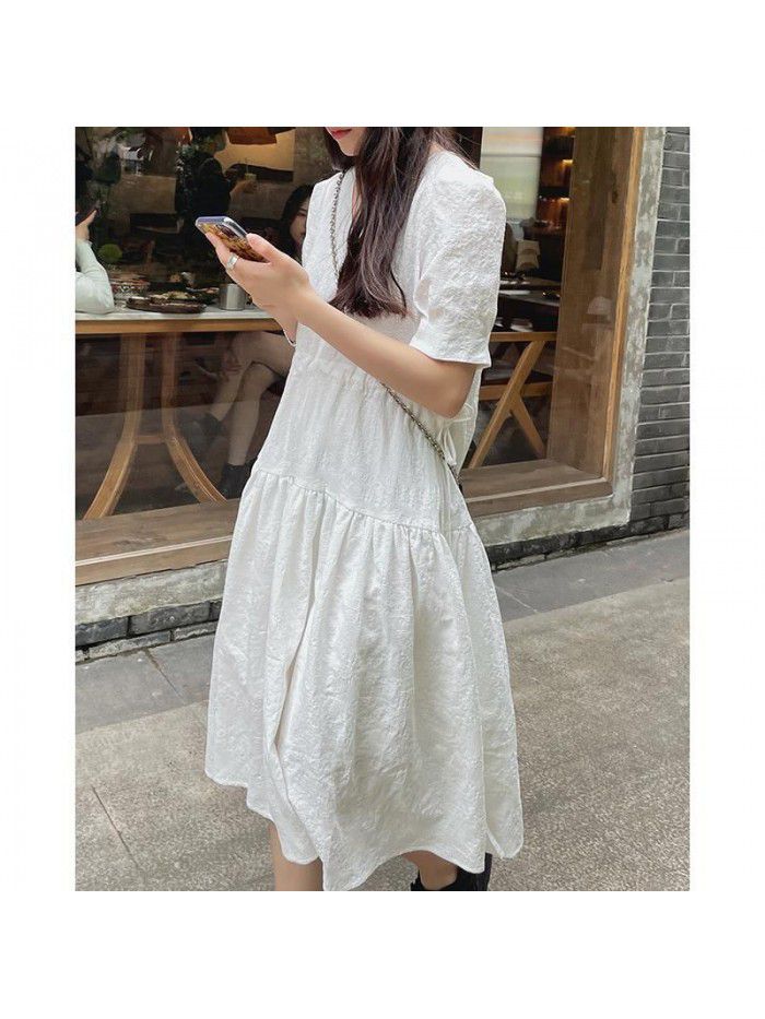 white dress women's summer  new long French drawstring waist puff sleeve fairy skirt 