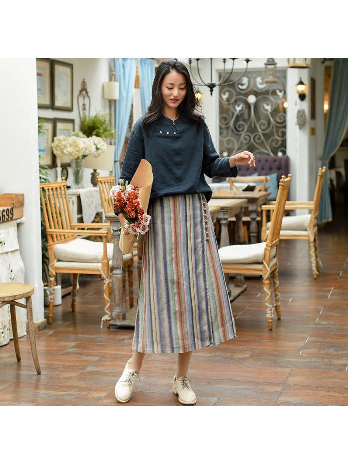  spring new women's striped Linen Skirt mid length retro button Chinese style A-line skirt wholesale 