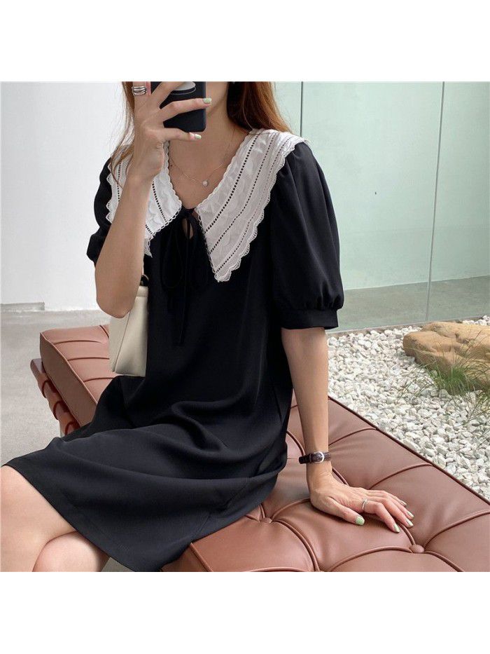 summer new style doll collar bubble sleeve A-line short skirt with retro drawstring loose and slim dress 