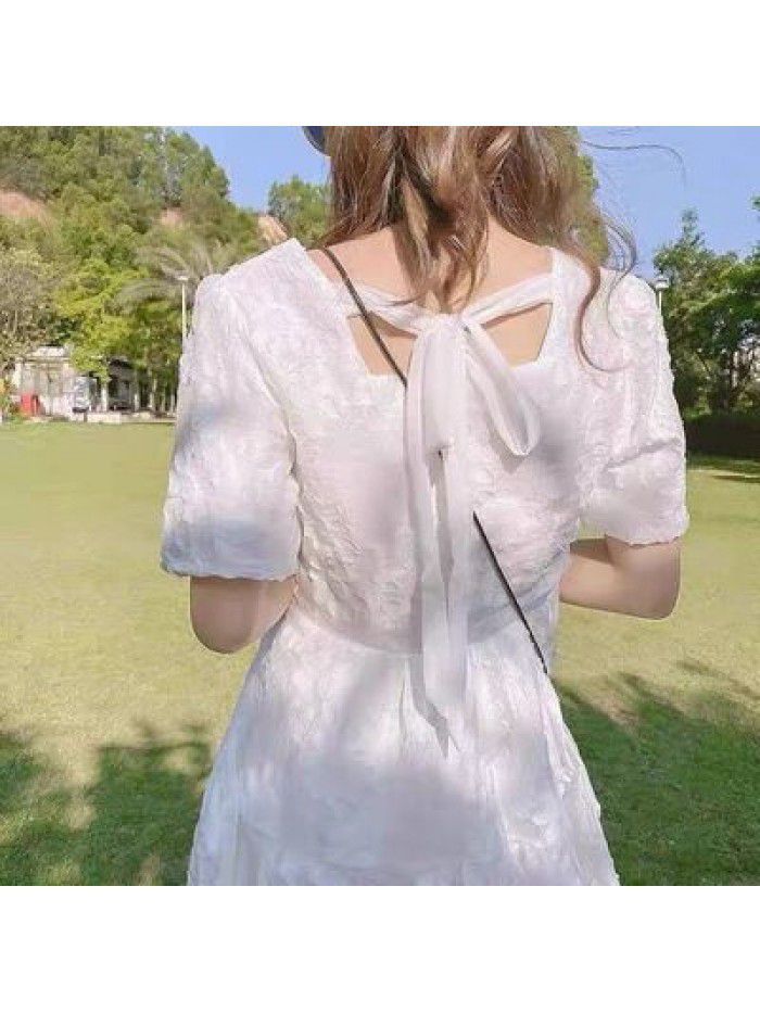  summer new French first love sweet Platycodon grandiflorum skirt small fresh gentle wind White Chiffon Dress 