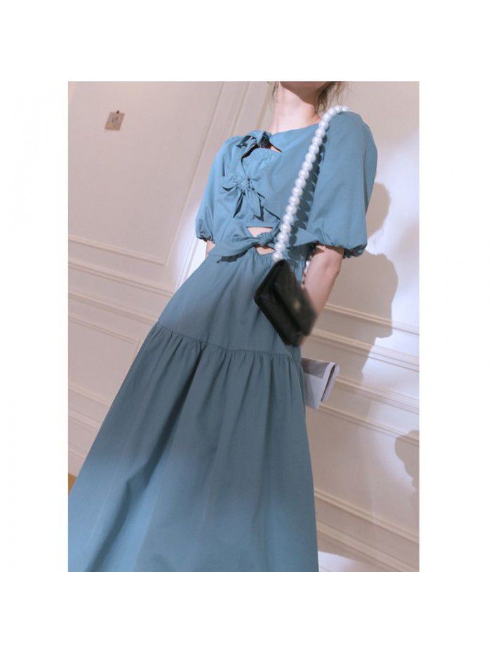 Blue blue, Zurich lake blue  spring and summer new Korean design feeling bow hollow out dress 