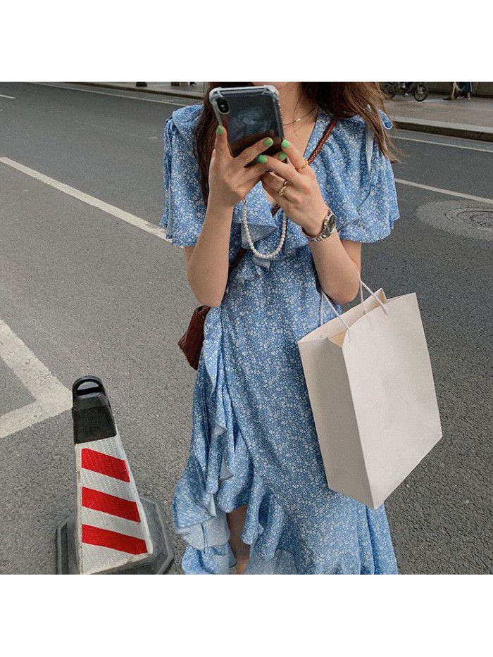  French retro soft floral dress women's summer chiffon long dress design first love dress 