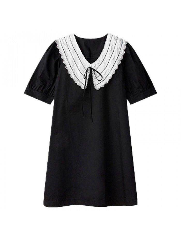 summer new style doll collar bubble sleeve A-line short skirt with retro drawstring loose and slim dress 