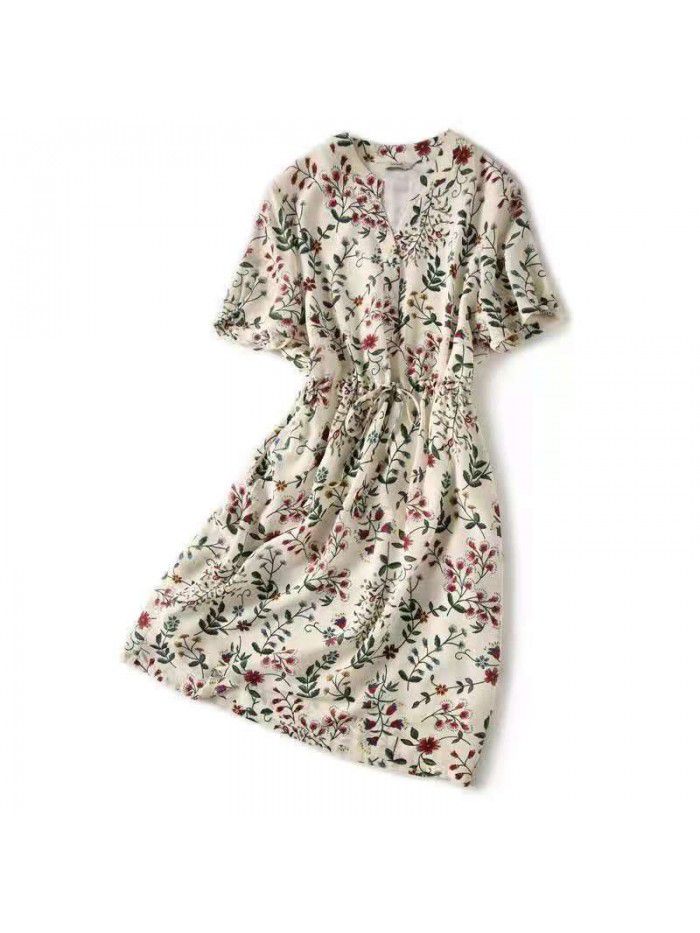 Cool in spring and summer, plant print drawstring shows thin, lace up imitates silkworm, short sleeve and medium length dress 