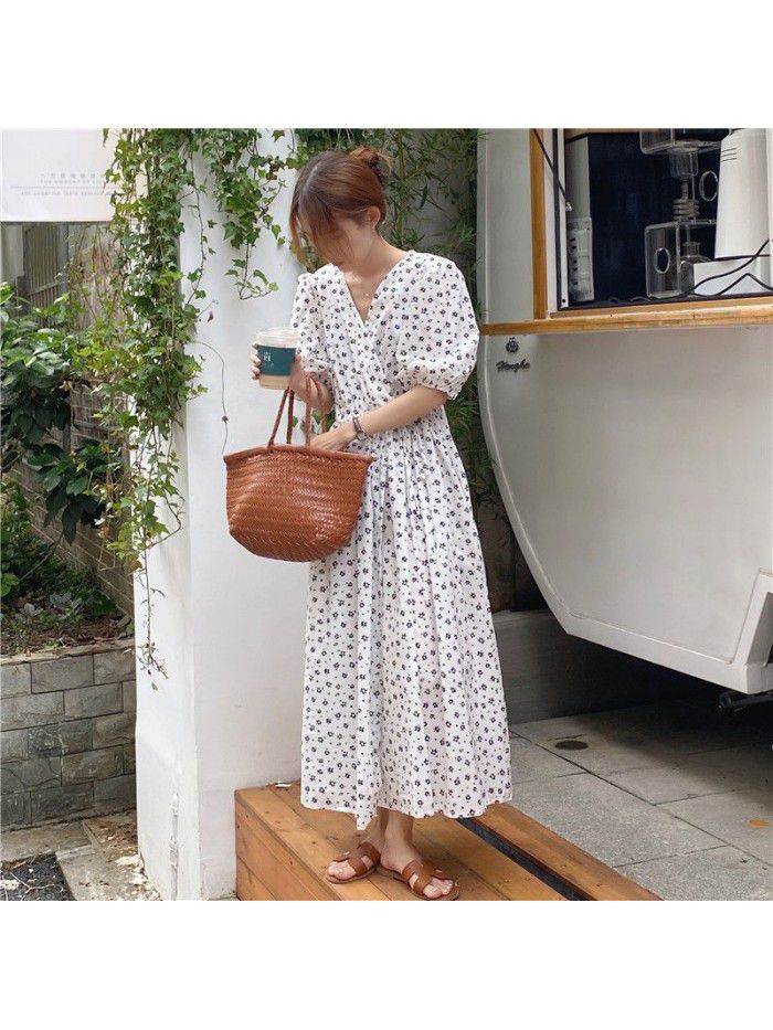 European station  summer new style foreign style long skirt children's over knee age reducing bubble sleeve design and waist closing dress 
