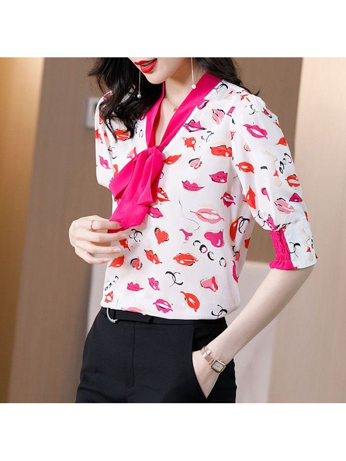 Silk shirt women's spring and summer new Hong Kong style printing half sleeve careful machine color contrast ribbon silk top women's wear 