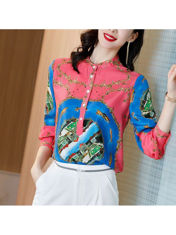 Fashion stand collar casual long sleeve wide mulberry silk top printed silk shirt women's  spring women's shirt 