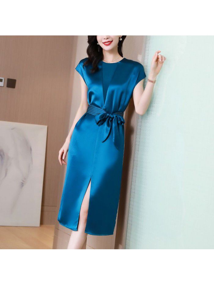Blue triacetic acid satin dress women's summer dress new French temperament waist light luxury fashion split one step skirt 